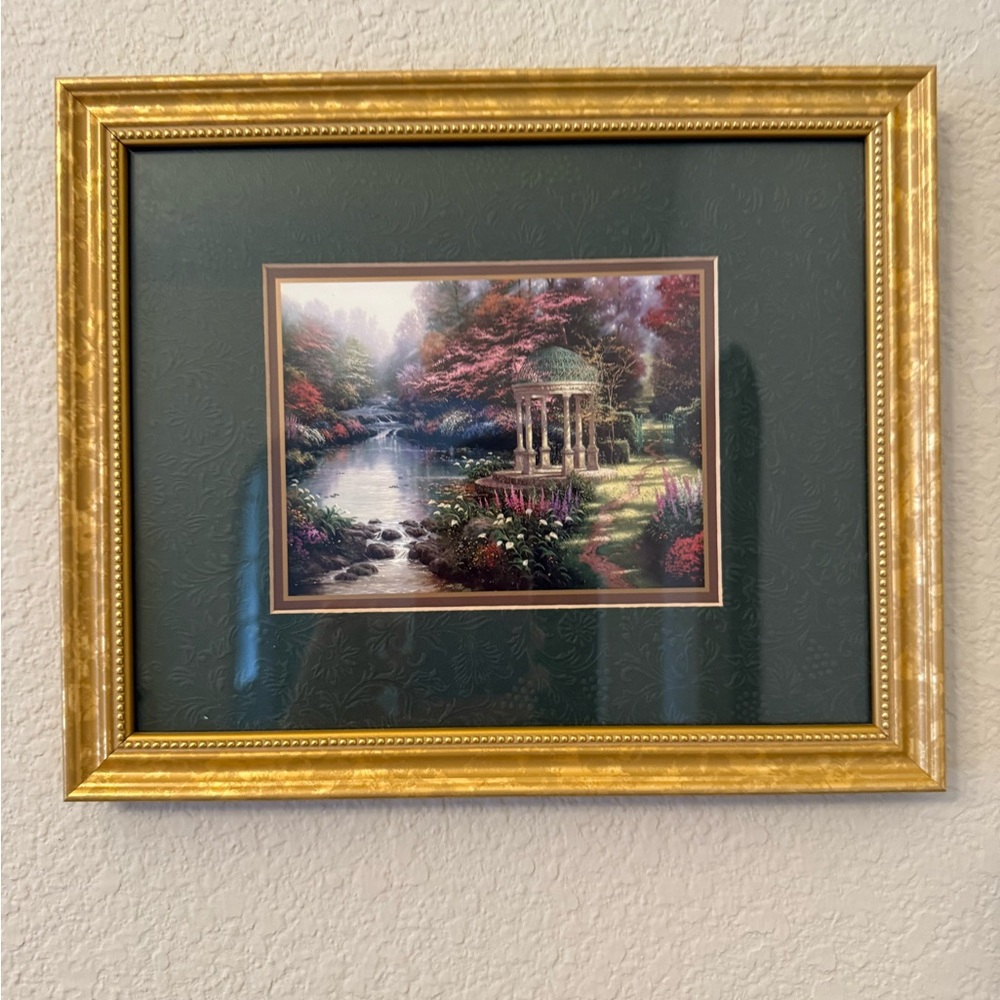 Thomas Kinkade Art Print with Gold Frame and Green Accents
